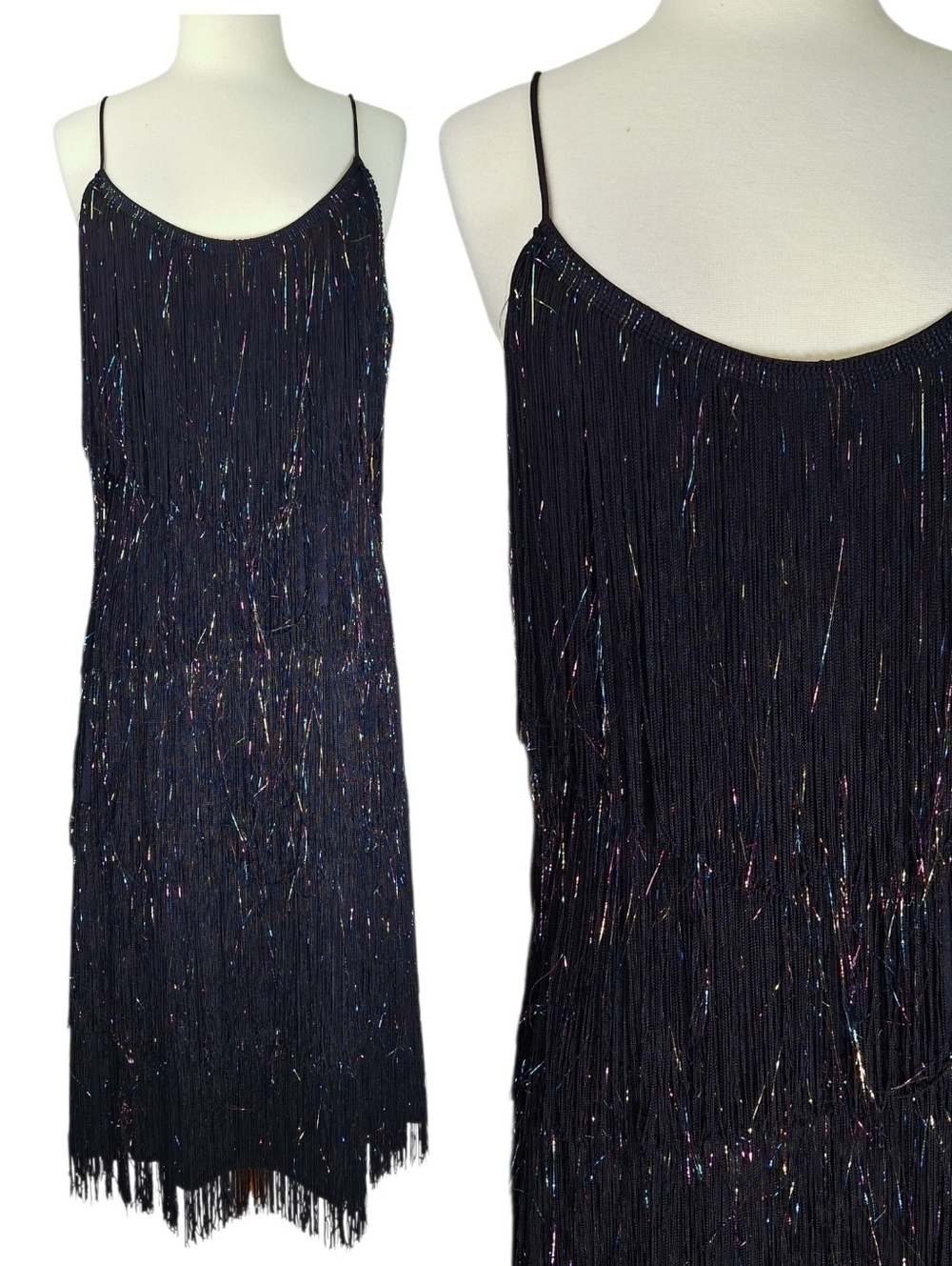Vintage 70s Rainbow Metallic Fringe Midi Dress Size Medium Disco Studio 54 Party